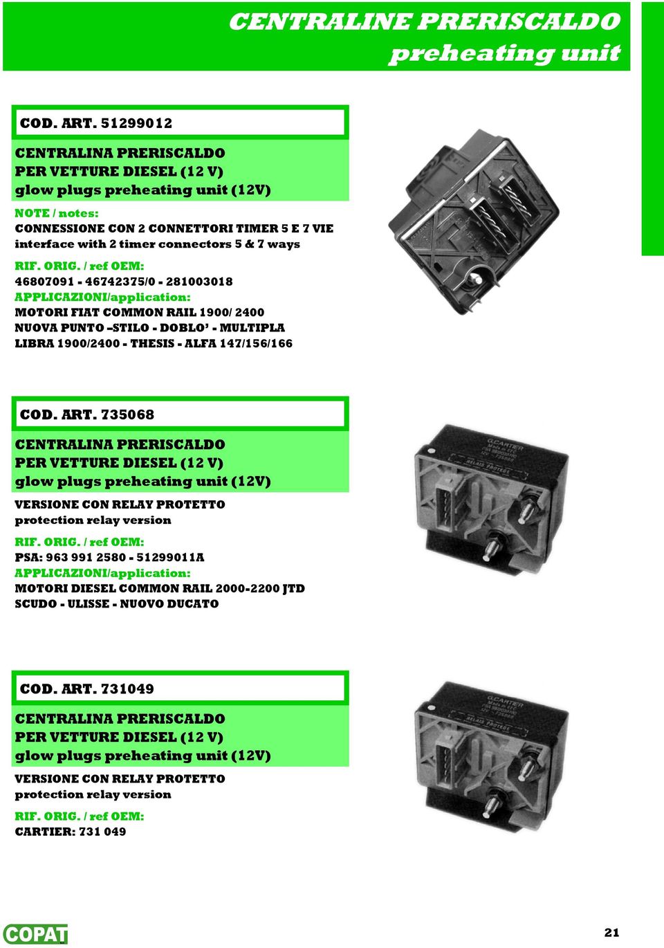 46807091-46742375/0-281003018 APPLICAZIONI/application: MOTORI FIAT COMMON RAIL 1900/ 2400 NUOVA PUNTO STILO - DOBLO - MULTIPLA LIBRA 1900/2400 - THESIS - ALFA 147/156/166 COD. ART.