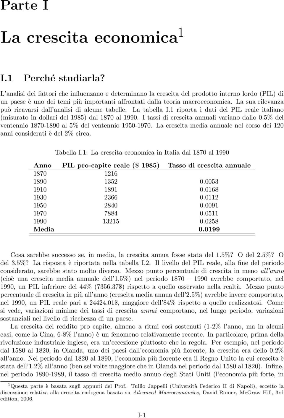 La sua rilevanza può ricavarsi dall analisi di alcune tabelle. La tabella I.1 riporta i dati del PIL reale italiano (misurato in dollari del 1985) dal 1870 al 1990.
