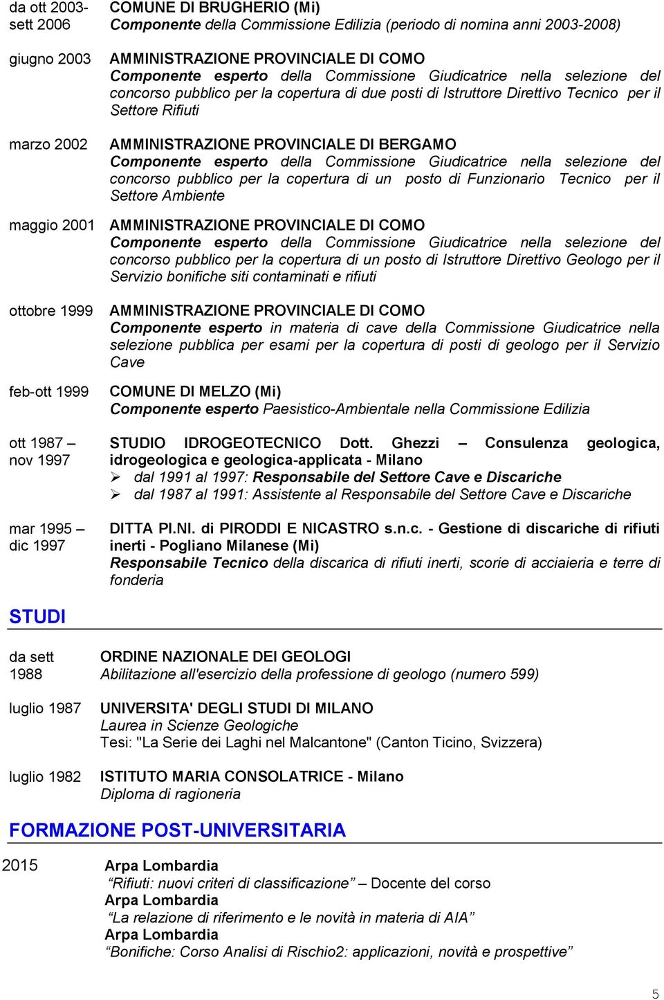 Componente esperto della Commissione Giudicatrice nella selezione del concorso pubblico per la copertura di un posto di Funzionario Tecnico per il Settore Ambiente maggio 2001 AMMINISTRAZIONE