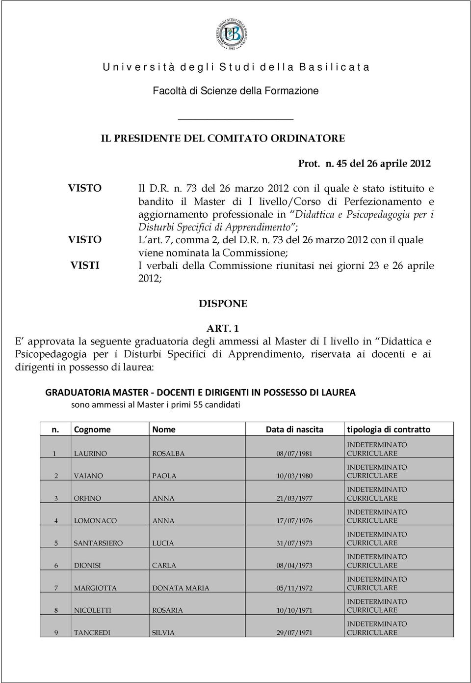 73 del 26 marzo 2012 con il quale è stato istituito e bandito il Master di I livello/corso di Perfezionamento e aggiornamento professionale in Didattica e Psicopedagogia per i Disturbi Specifici di