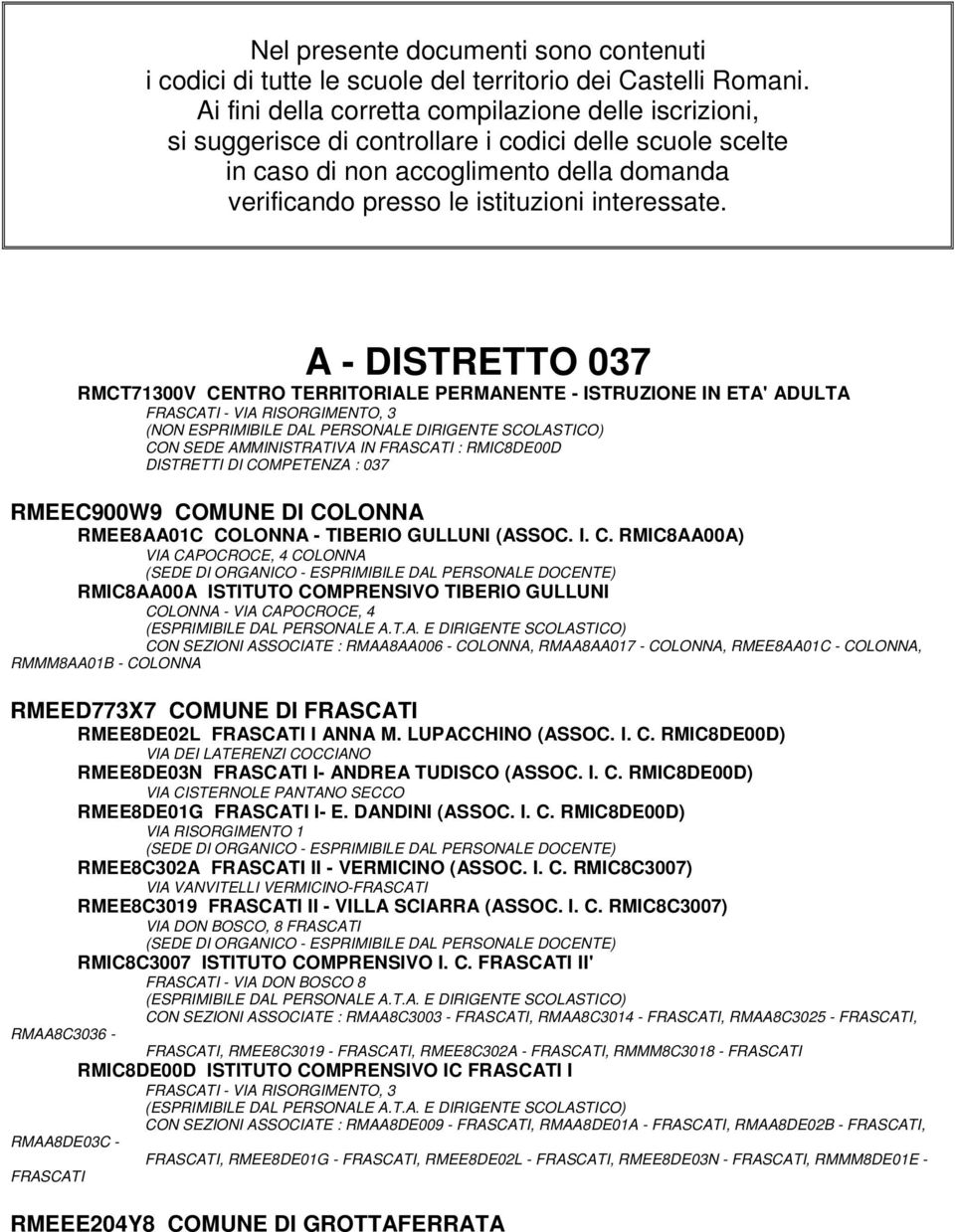 A - DISTRETTO 037 RMCT71300V CENTRO TERRITORIALE PERMANENTE - ISTRUZIONE IN ETA' ADULTA FRASCATI - VIA RISORGIMENTO, 3 CON SEDE AMMINISTRATIVA IN FRASCATI : RMIC8DE00D DISTRETTI DI COMPETENZA : 037