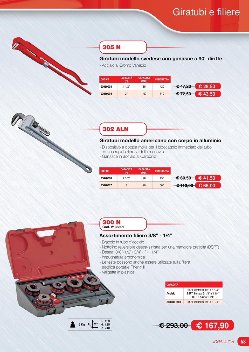 Carbonio CAPACITÀ ( ) CAPACITÀ (mm) lunghezza 0302006 2 /2 76 450 69,50 0302007 3 90 600 3,00 CODICE 4,50 68,00 300 N Cod.