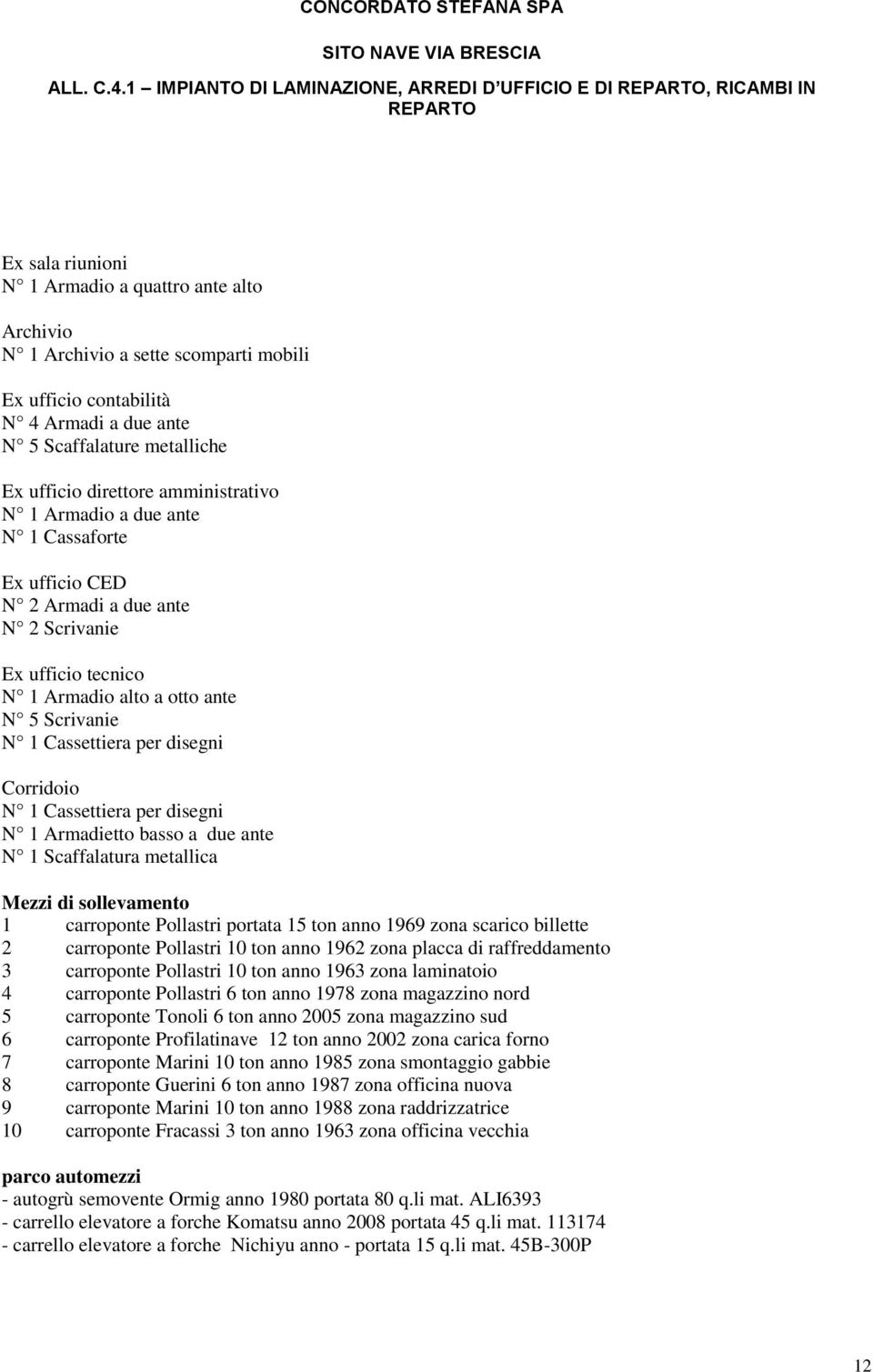 ante N 5 Scaffalature metalliche Ex ufficio direttore amministrativo N 1 Armadio a due ante N 1 Cassaforte Ex ufficio CED N 2 Armadi a due ante N 2 Scrivanie Ex ufficio tecnico N 1 Armadio alto a