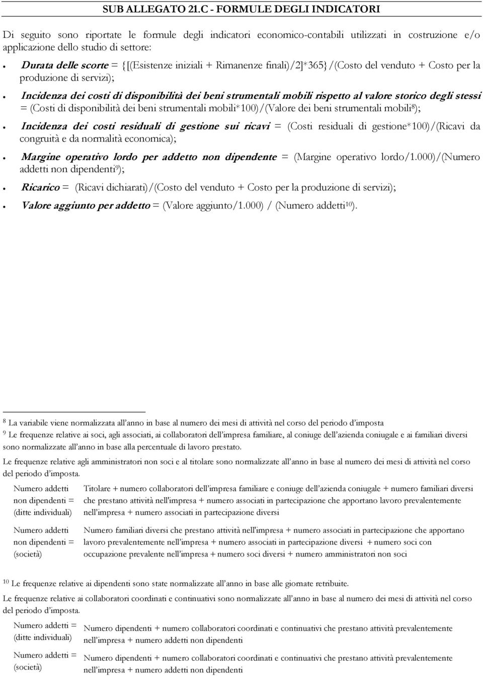 {[(Esistenze iniziali + Rimanenze finali)/2]*365}/(costo del venduto + Costo per la produzione di servizi); Incidenza dei costi di disponibilità dei beni strumentali mobili rispetto al valore storico