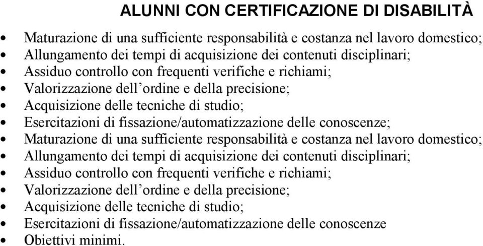 delle conoscenze; Maturazione di una sufficiente responsabilità e costanza nel lavoro domestico; Allungamento dei tempi di acquisizione dei contenuti disciplinari;  delle conoscenze