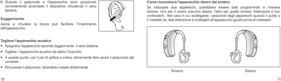 Come riconoscere l apparecchio destro dal sinistro Se indossate due apparecchi, potrebbero essere stati programmati in maniera diversa. Uno per il vostro orecchio destro, l altro per quello sinistro.