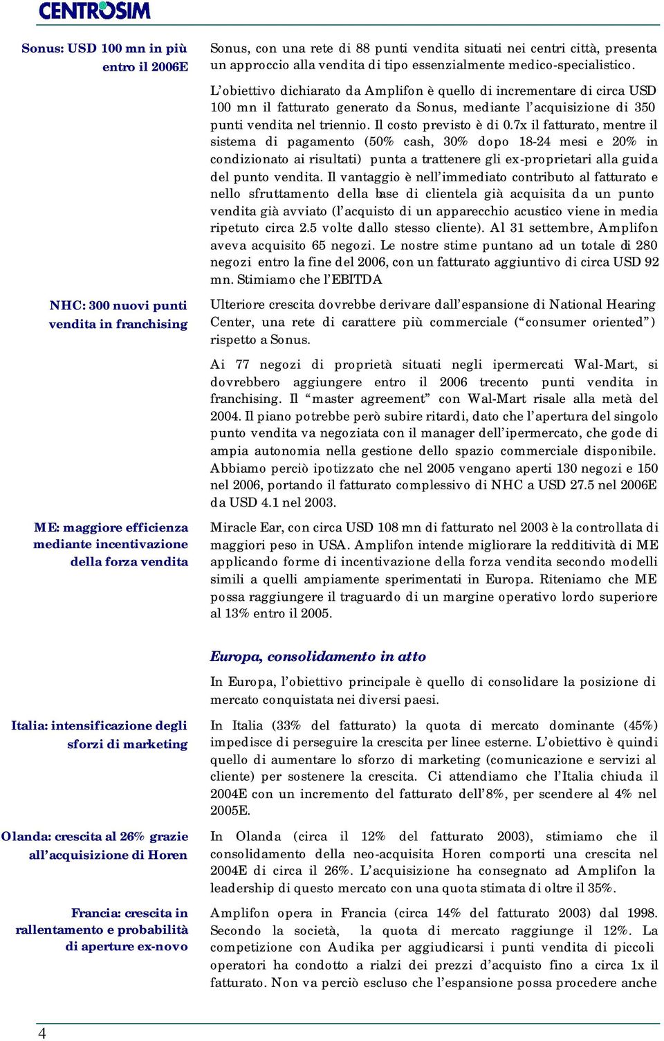 L obiettivo dichiarato da Amplifon è quello di incrementare di circa USD 100 mn il fatturato generato da Sonus, mediante l acquisizione di 350 punti vendita nel triennio. Il costo previsto è di 0.