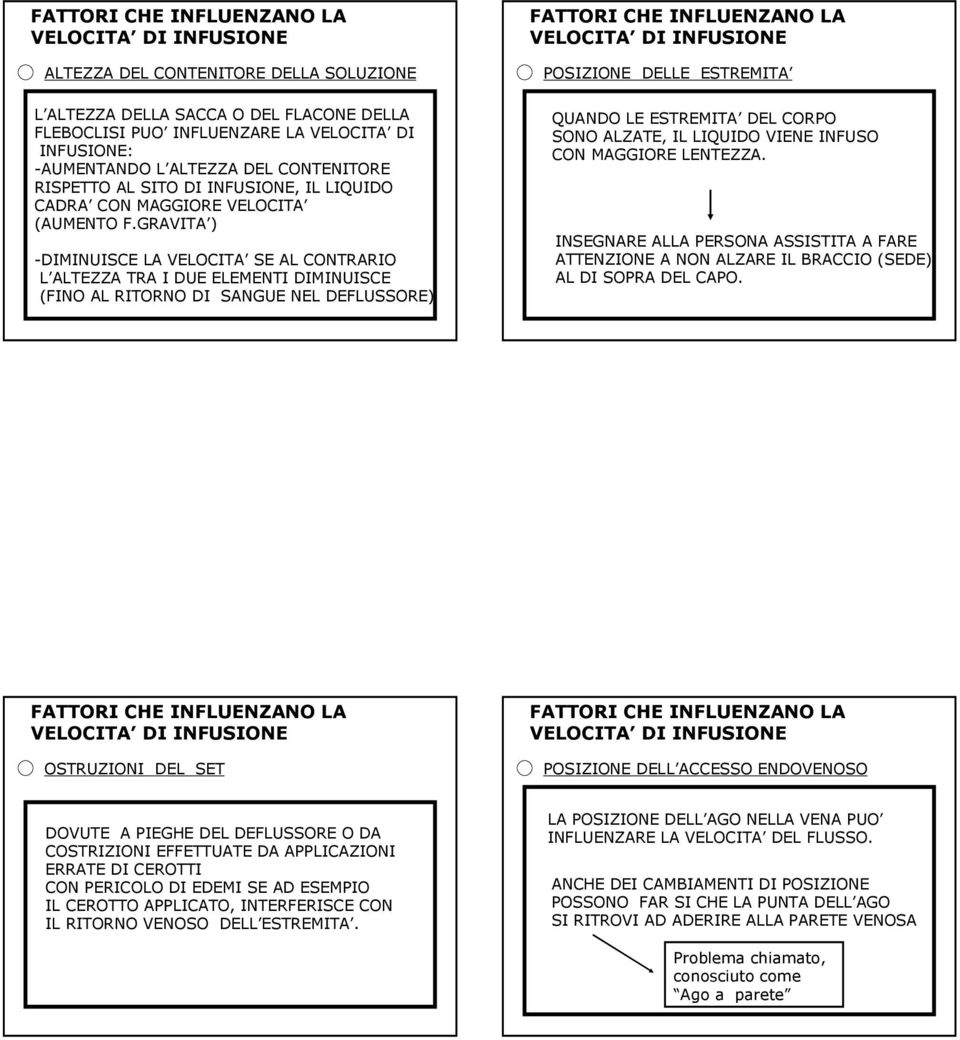 GRAVITA ) -DIMINUISCE LA VELOCITA SE AL CONTRARIO L ALTEZZA TRA I DUE ELEMENTI DIMINUISCE (FINO AL RITORNO DI SANGUE NEL DEFLUSSORE) FATTORI CHE INFLUENZANO LA VELOCITA DI INFUSIONE POSIZIONE DELLE