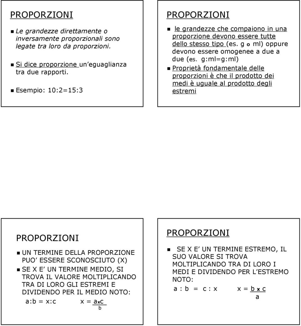 g:ml=g:ml) Proprietà fondamentale delle proporzioni è che il prodotto dei medi è uguale al prodotto degli estremi PROPORZIONI UN TERMINE DELLA PROPORZIONE PUO ESSERE SCONOSCIUTO (X) SE X E UN TERMINE