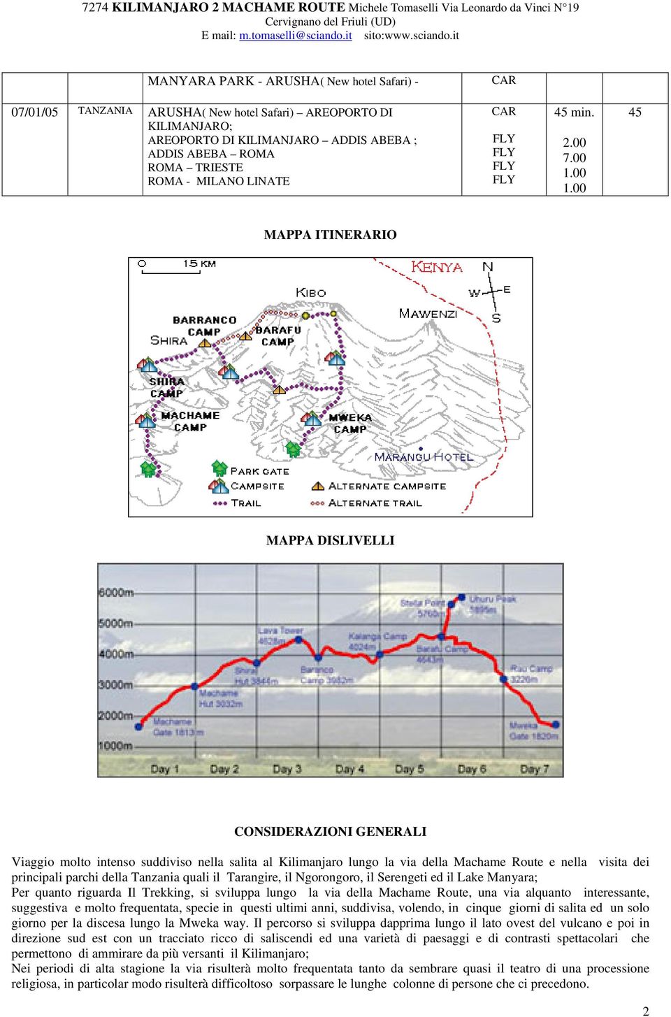 00 1.00 45 MAPPA ITINERARIO MAPPA DISLIVELLI CONSIDERAZIONI GENERALI Viaggio molto intenso suddiviso nella salita al Kilimanjaro lungo la via della Machame Route e nella visita dei principali parchi