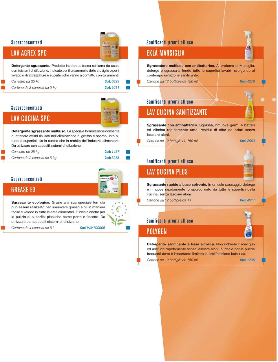 Canestro da 25 kg Cod: 0329 Cartone da 2 canestri da 5 kg Cod: 1611 Sanificanti pronti all uso EKLÁ MARSIGLIA Sgrassatore multiuso con antibatterico.