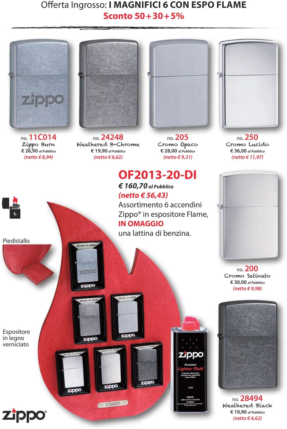 205 Cromo Opaco 28,00 al Pubblico (netto 9,31) OF2013-20-DI 160,70 al Pubblico (netto 56,43) Assortimento 6 accendini Zippo in espositore