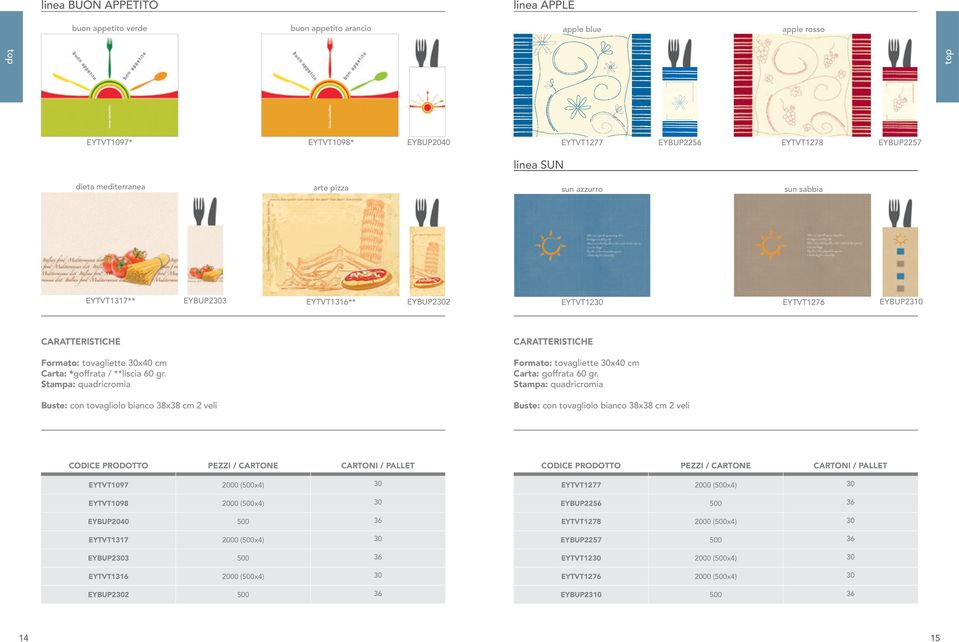 EYBUP2302 EYTVT1230 EYTVT1276 EYBUP2310 Carta: *goffrata / **liscia 60 gr. Carta: goffrata 60 gr.