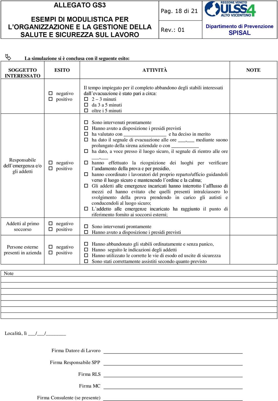 circa: 2 3 minuti da 3 a 5 minuti oltre i 5 minuti Sono intervenuti prontamente Hanno avuto a disposizione i presidi previsti ha valutato con e ha deciso in merito ha dato il segnale di evacuazione