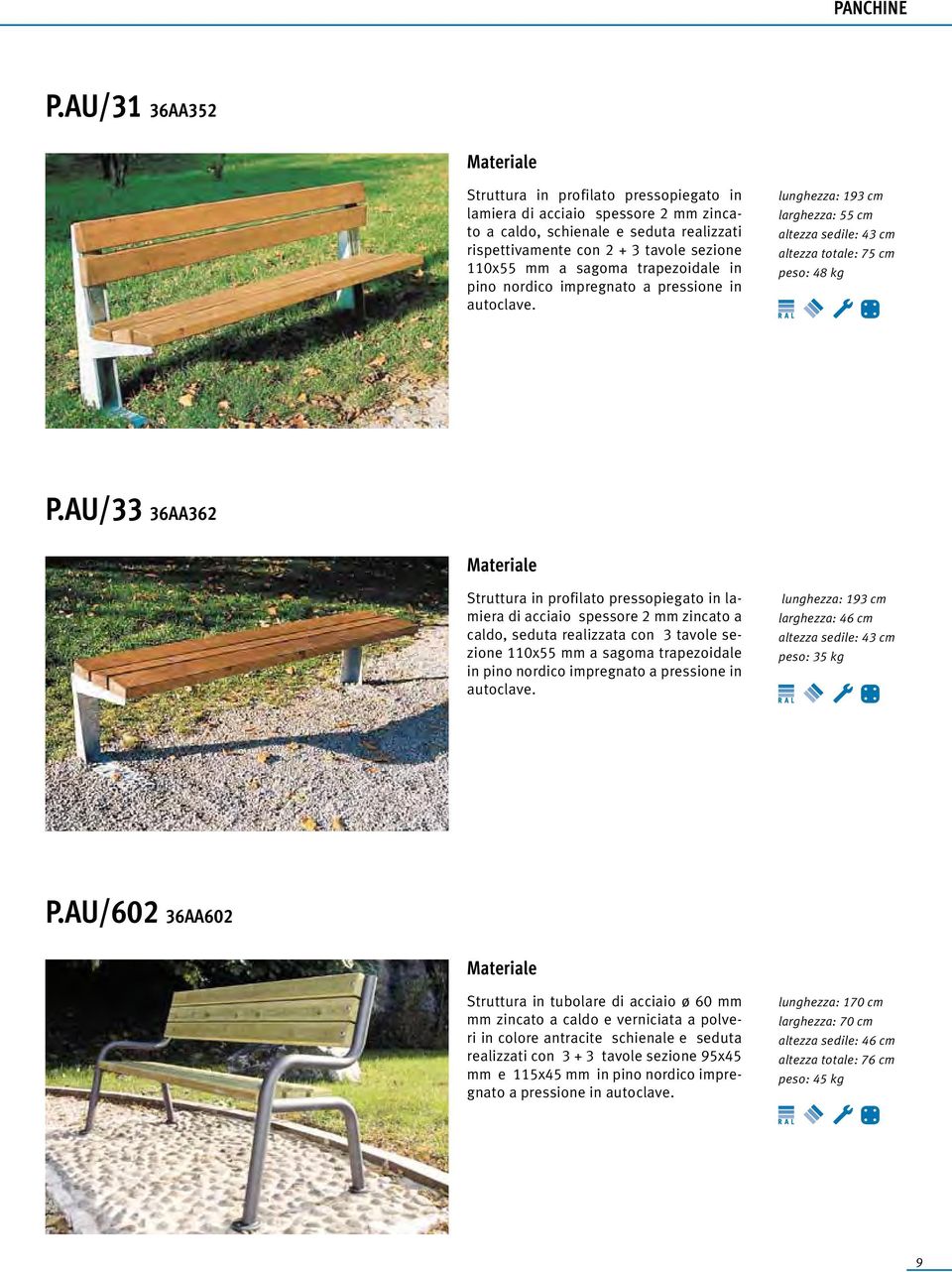 trapezoidale in pino nordico impregnato a pressione in autoclave. lunghezza: 193 cm larghezza: 55 cm altezza sedile: 43 cm altezza totale: 75 cm peso: 48 kg P.