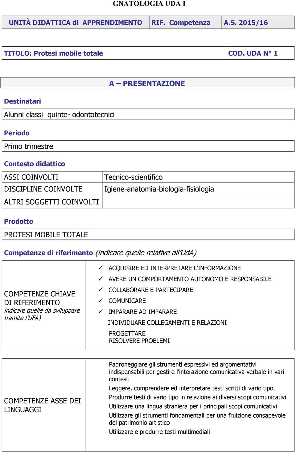 Igiene-anatomia-biologia-fisiologia ALTRI SOGGETTI COINVOLTI Prodotto PROTESI MOBILE TOTALE Competenze di riferimento (indicare quelle relative all UdA) ACQUISIRE ED INTERPRETARE L INFORMAZIONE AVERE