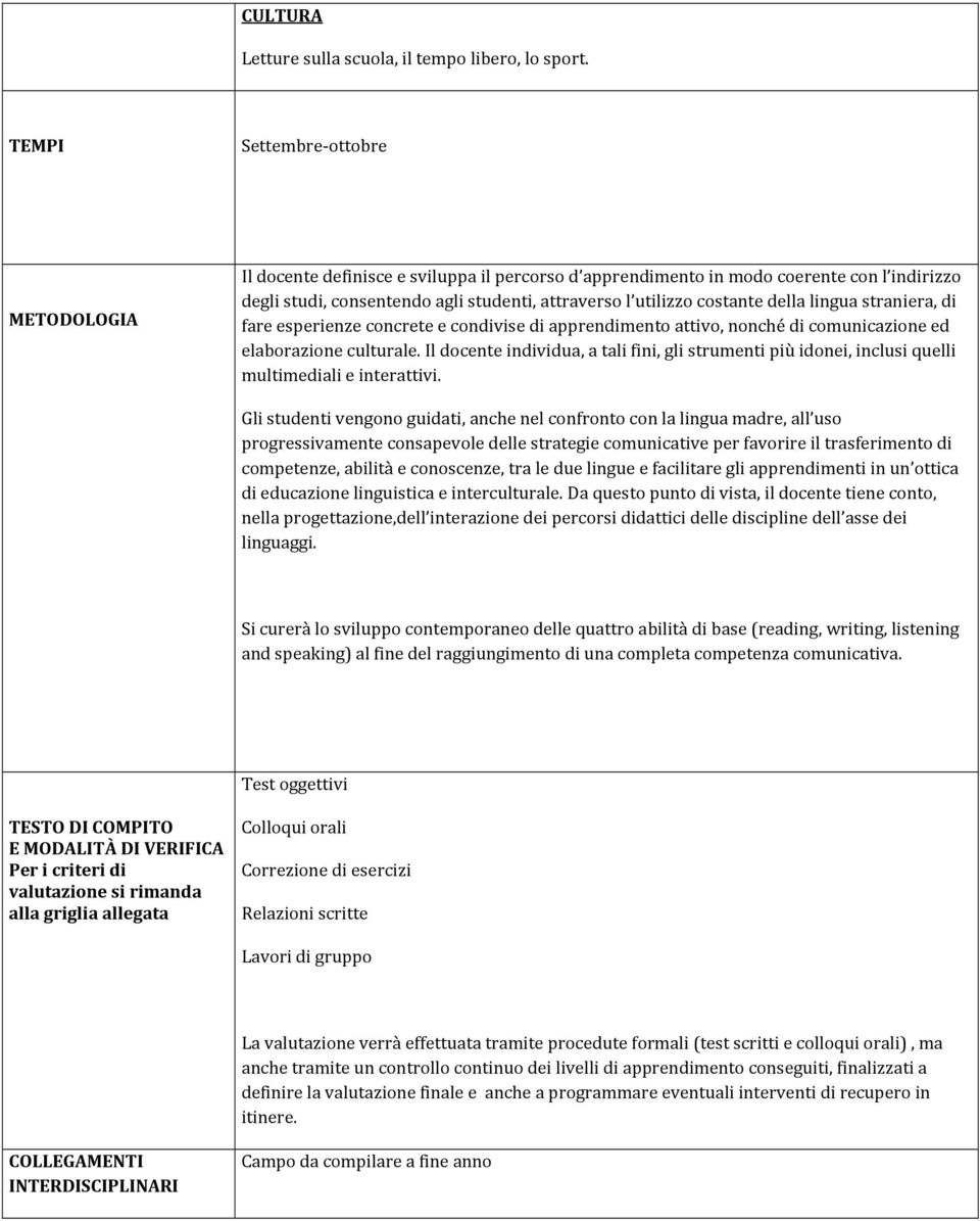 della lingua straniera, di fare esperienze concrete e condivise di apprendimento attivo, nonché di comunicazione ed elaborazione culturale.