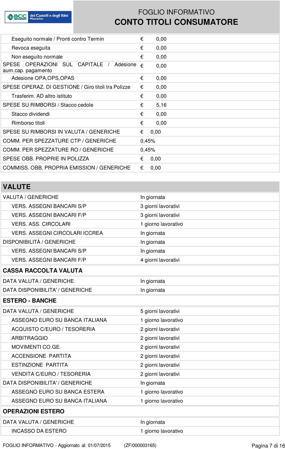 AD altro istituto 0,00 SPESE SU RIMBORSI / Stacco cedole 5,16 Stacco dividendi 0,00 Rimborso titoli 0,00 SPESE SU RIMBORSI IN VALUTA / GENERICHE 0,00 COMM. PER SPEZZATURE CTP / GENERICHE 0,45% COMM.