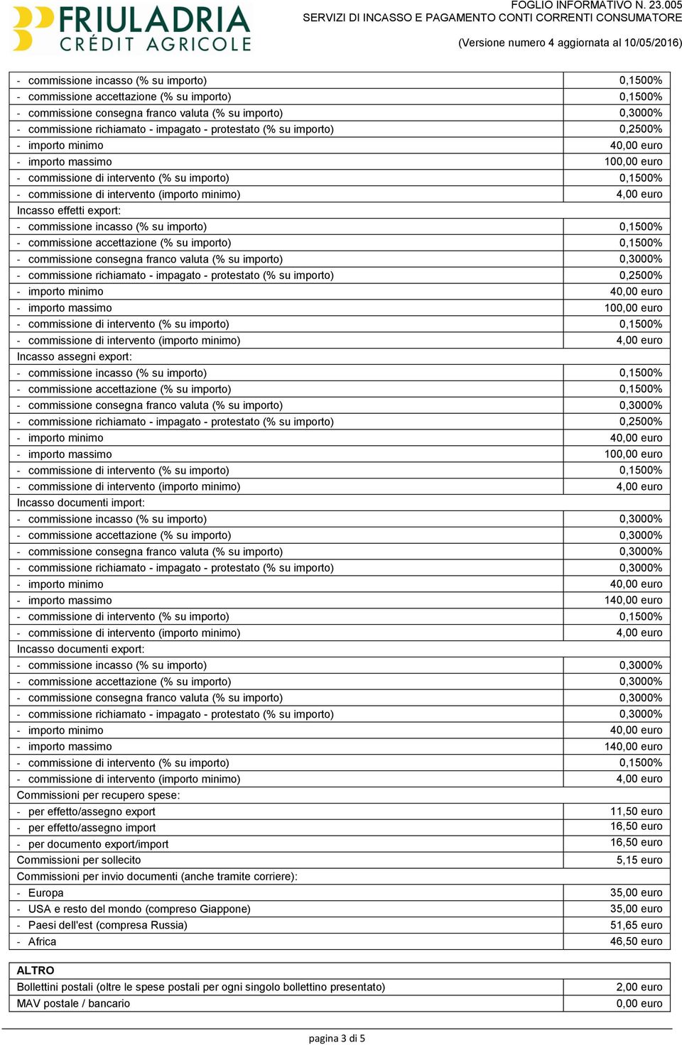 - commissione accettazione (% su importo) 0,3000% - commissione richiamato - impagato - protestato (% su importo) 0,3000% - importo massimo 14 Commissioni per recupero spese: - per effetto/assegno