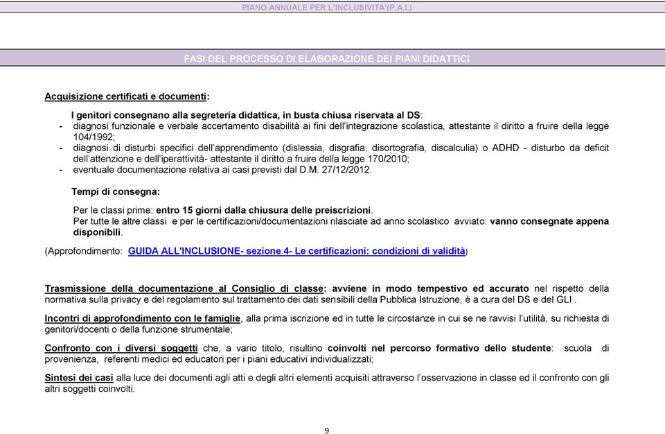 disortografia, discalculia) o ADHD - disturbo da deficit dell attenzione e dell iperattività- attestante il diritto a fruire della legge 170/2010; - eventuale documentazione relativa ai casi previsti