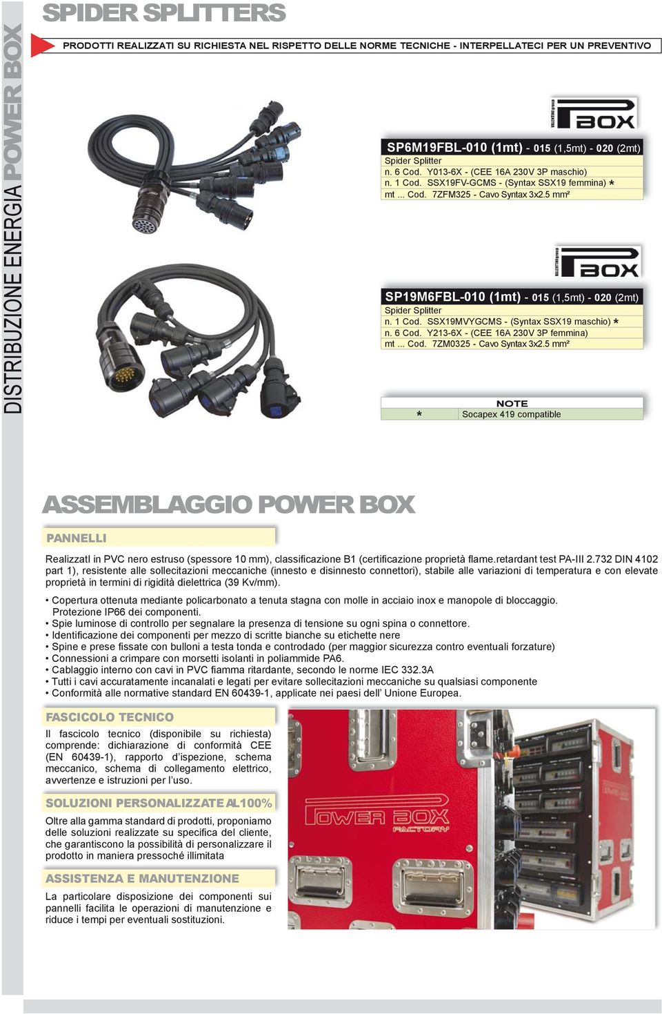 5 mm² Socapex 419 compatible ASSEMBLAGGIO POWER BOX PANNELLI RealizzatI in PVC nero estruso (spessore 10 mm), classificazione B1 (certifi cazione proprietà fl ame.retardant test PA-III 2.
