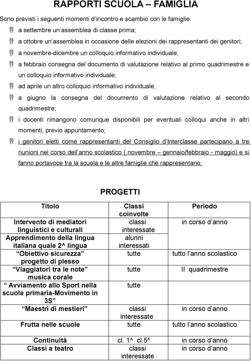 individuale; ad aprile un altro colloquio informativo individuale; a giugno la consegna del documento di valutazione relativo al secondo quadrimestre; i docenti rimangono comunque disponibili per