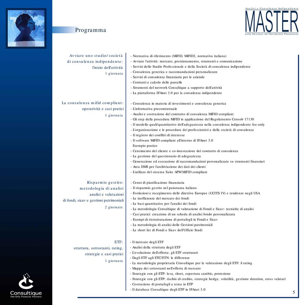 raccomandazioni personalizzate - Servizi di consulenza finanziaria per le aziende - Contratti e calcolo delle parcelle - Strumenti del network Consultique a supporto dell'attività - La piattaforma