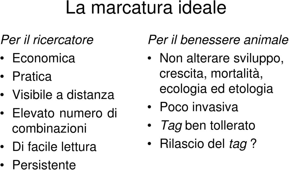 Per il benessere animale Non alterare sviluppo, crescita, mortalità,