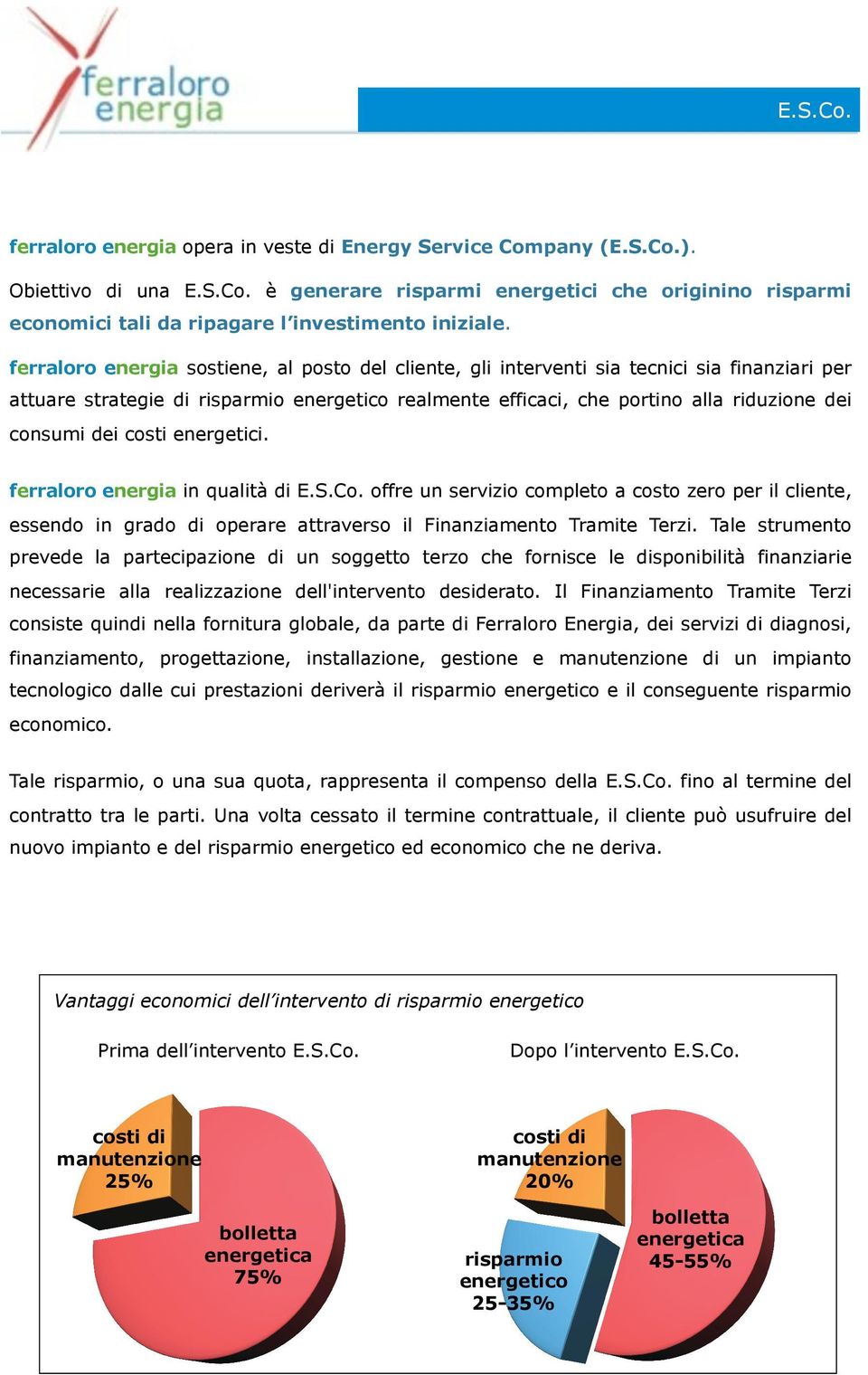 dei costi energetici. ferraloro energia in qualità di E.S.Co. offre un servizio completo a costo zero per il cliente, essendo in grado di operare attraverso il Finanziamento Tramite Terzi.