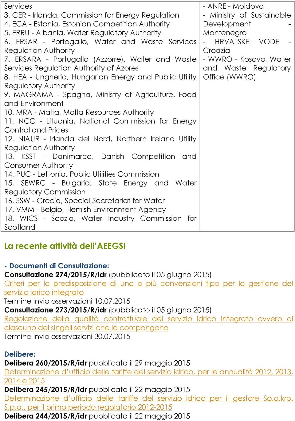 HEA - Ungheria, Hungarian Energy and Public Utility Regulatory Authority 9. MAGRAMA - Spagna, Ministry of Agriculture, Food and Environment 10. MRA - Malta, Malta Resources Authority 11.