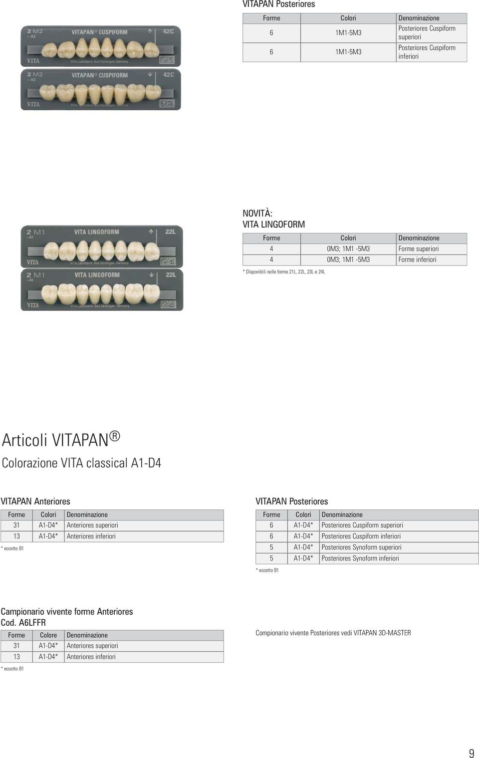 Posteriores 6 A1-D4* Posteriores Cuspiform superiori 6 A1-D4* Posteriores Cuspiform inferiori 5 A1-D4* Posteriores Synoform superiori 5 A1-D4* Posteriores Synoform inferiori * eccetto B1