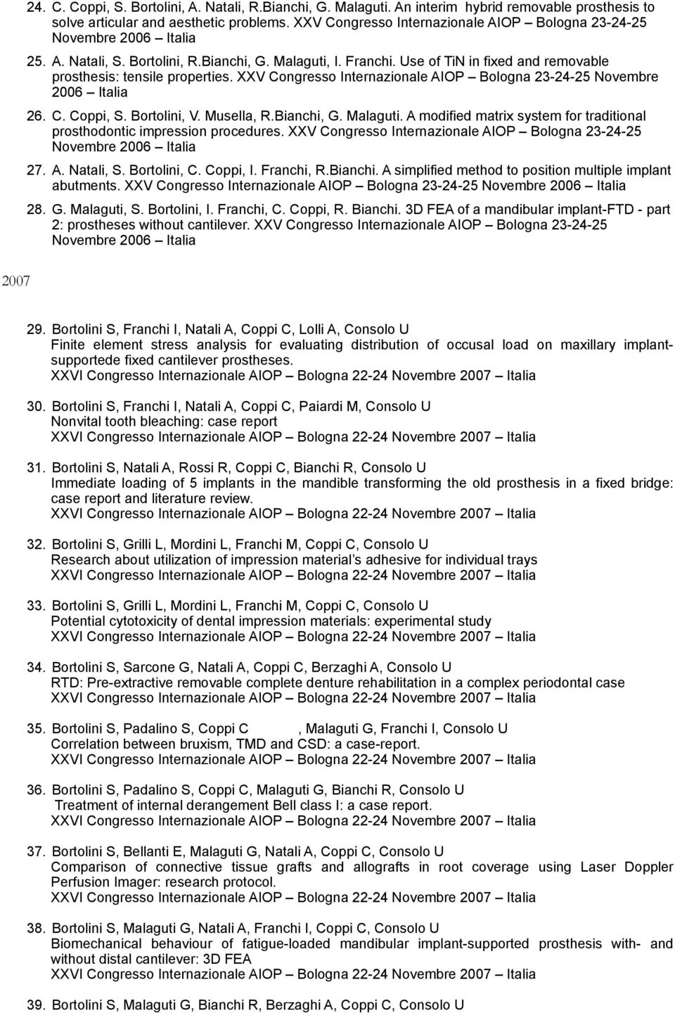 Use of TiN in fixed and removable prosthesis: tensile properties. XXV Congresso Internazionale AIOP Bologna 23-24-25 Novembre 2006 Italia 26. C. Coppi, S. Bortolini, V. Musella, R.Bianchi, G.