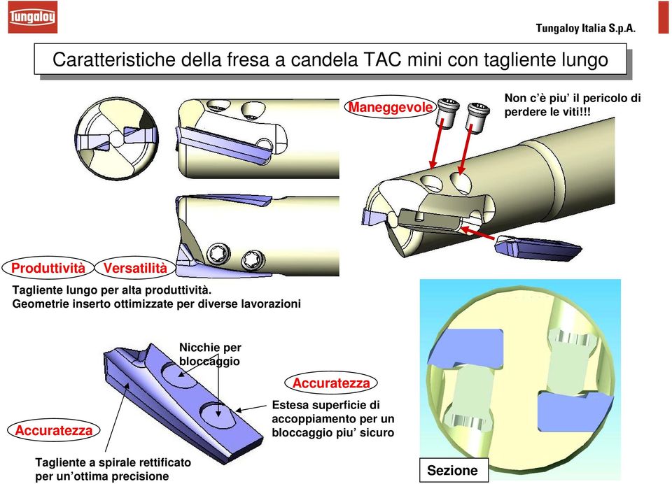 Geometrie inserto ottimizzate per diverse lavorazioni Accuratezza Nicchie per bloccaggio Accuratezza Estesa