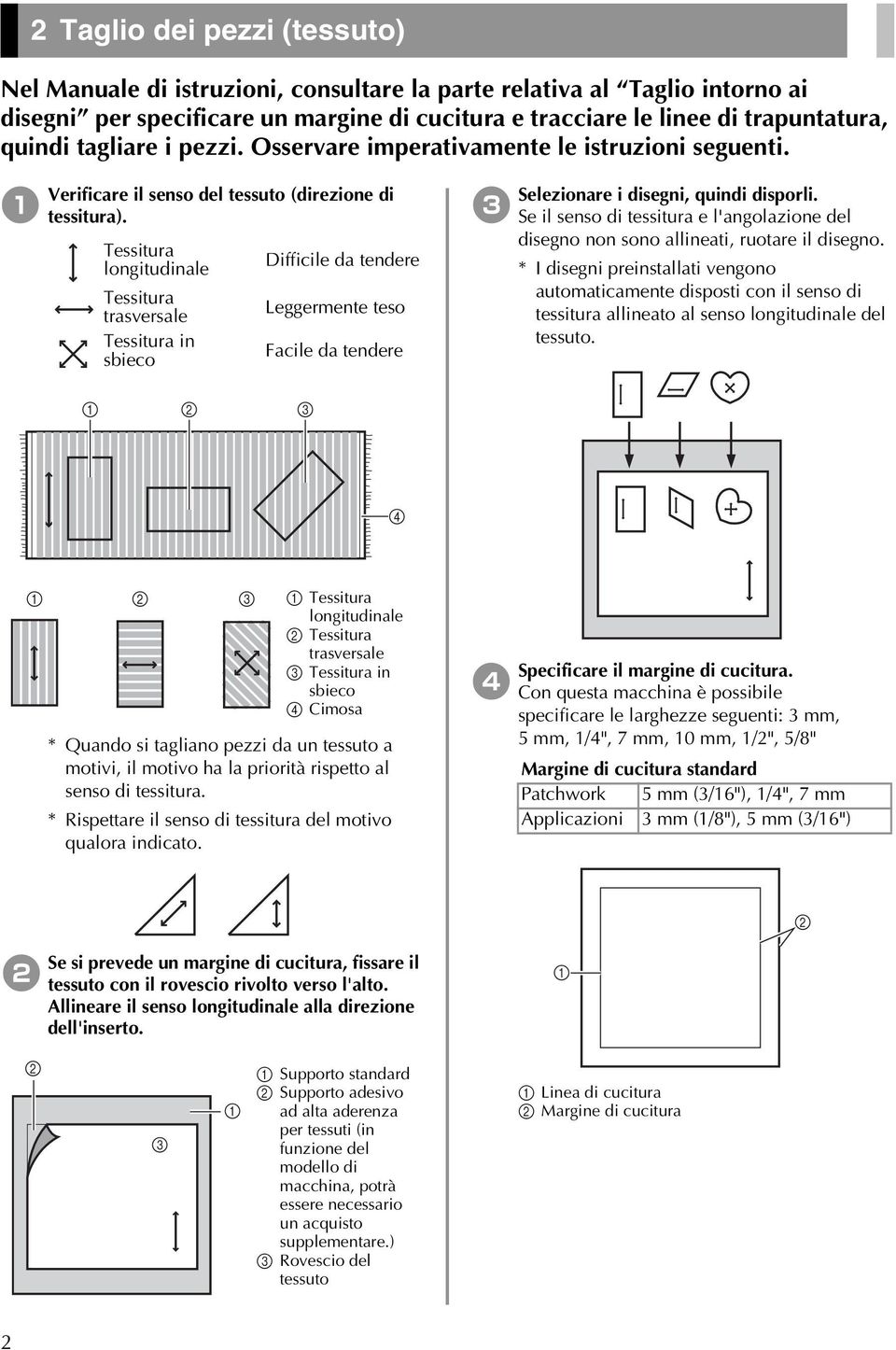 Tessitura longitudinale Tessitura trasversale Tessitura in sbieco Difficile da tendere Leggermente teso Facile da tendere 3 Selezionare i disegni, quindi disporli.