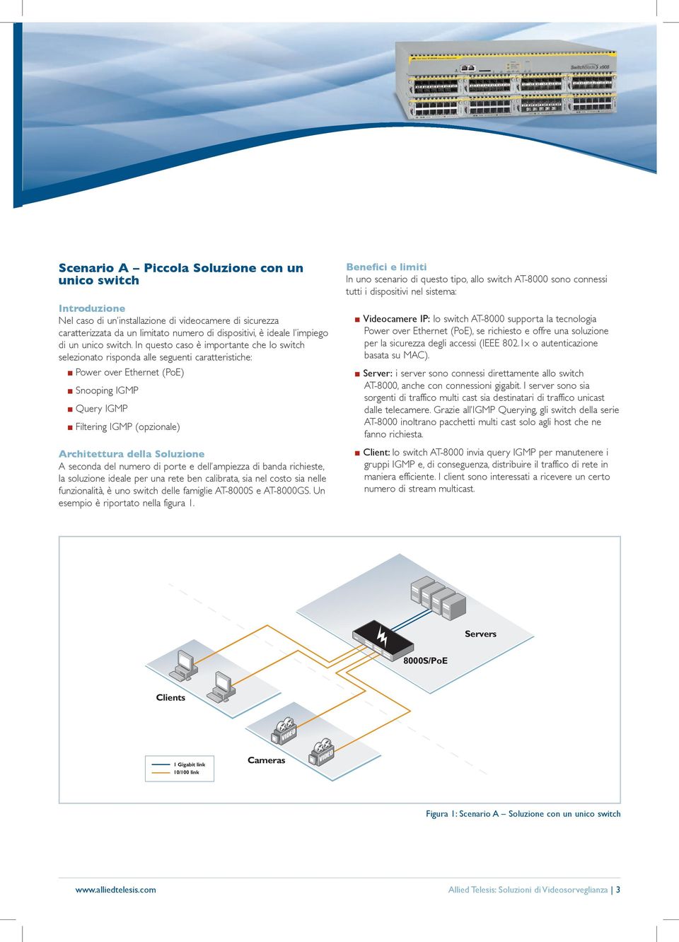 In questo caso è importante che lo switch selezionato risponda alle seguenti caratteristiche: Power over Ethernet (PoE) Snooping IGMP uery IGMP Filtering IGMP (opzionale) Architettura della Soluzione