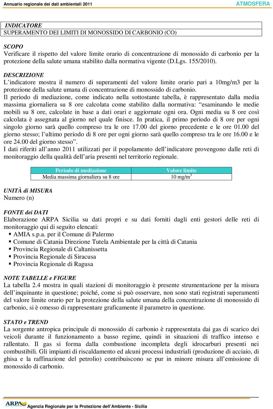 DESCRIZIONE L indicatore mostra il numero di superamenti del valore limite orario pari a 10mg/m3 per la protezione della salute umana di concentrazione di monossido di carbonio.