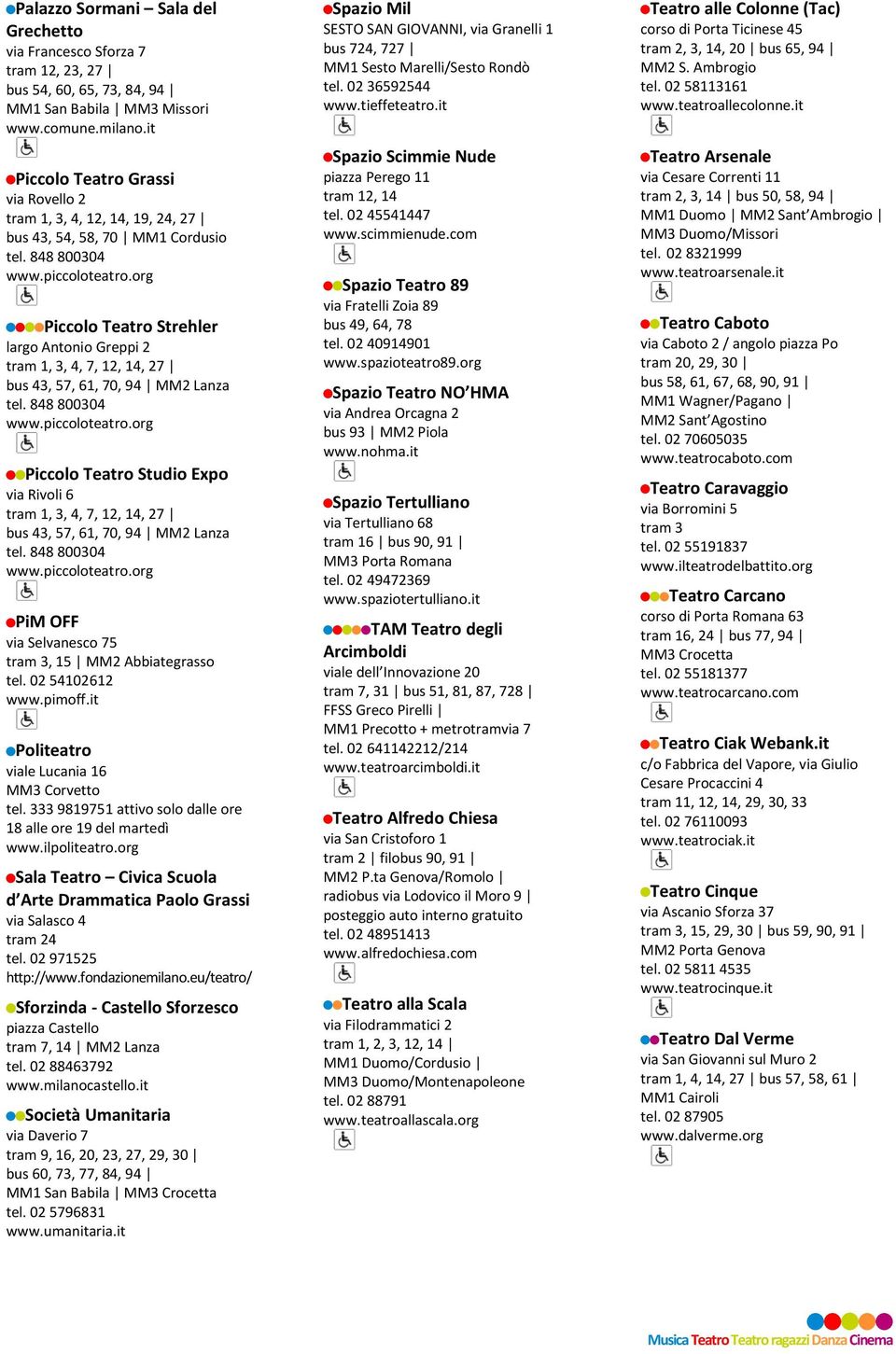 94 MM2 Lanza Piccolo Teatro Studio Expo via Rivoli 6 tram 1, 3, 4, 7, 12, 14, 27 bus 43, 57, 61, 70, 94 MM2 Lanza PiM OFF via Selvanesco 75 tram 3, 15 tel. 02 54102612 www.pimoff.