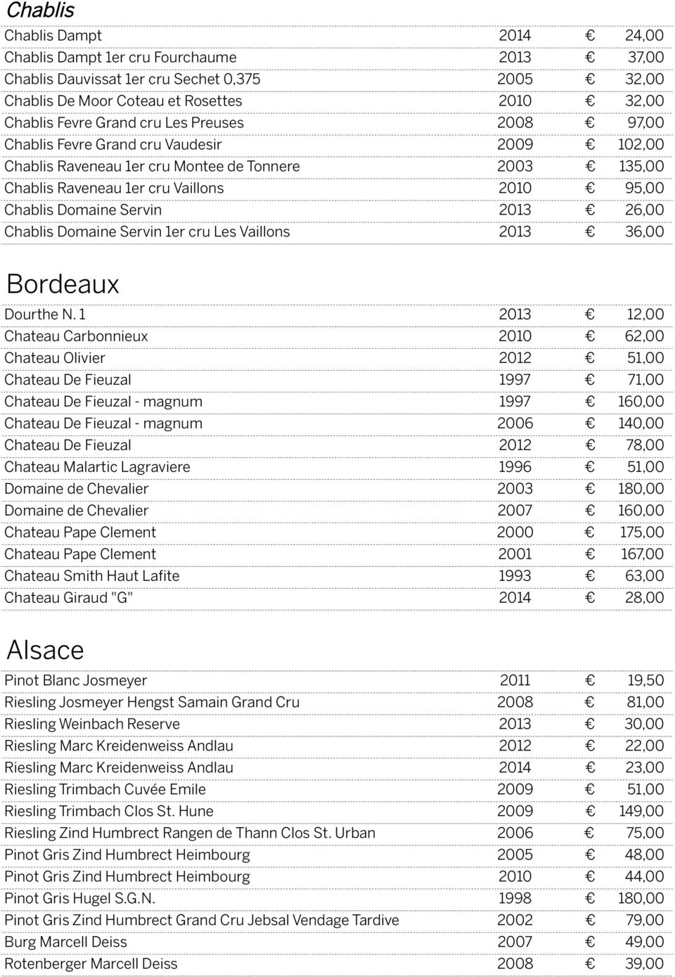 26,00 Chablis Domaine Servin 1er cru Les Vaillons 2013 36,00 Bordeaux Dourthe N.