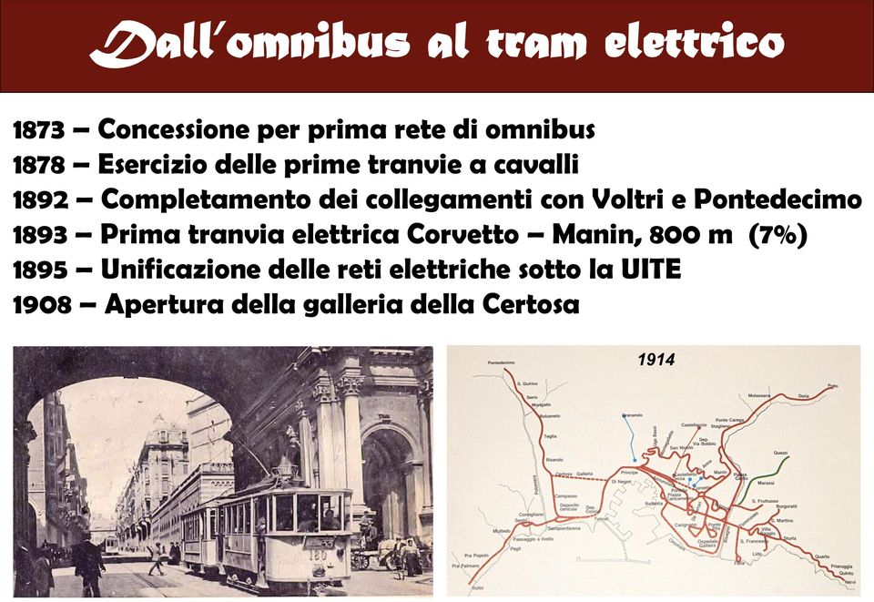 Voltri e Pontedecimo 1893 Prima tranvia elettrica Corvetto Manin, 800 m (7%) 1895