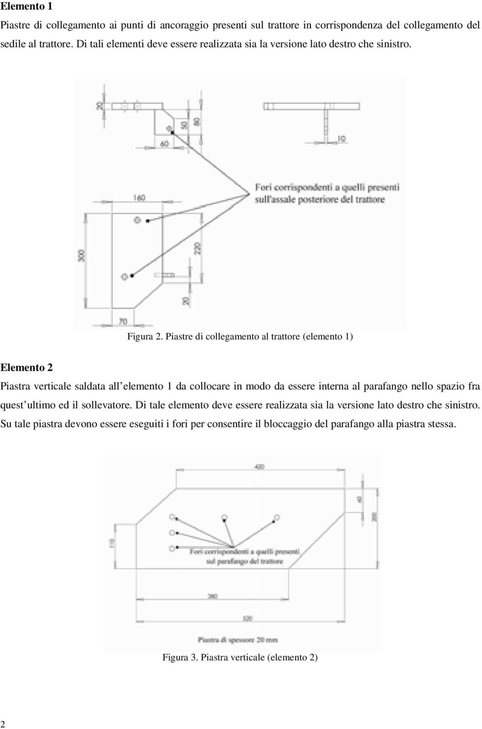 Piastre di collegamento al trattore (elemento 1) Elemento 2 Piastra verticale saldata all elemento 1 da collocare in modo da essere interna al parafango nello spazio