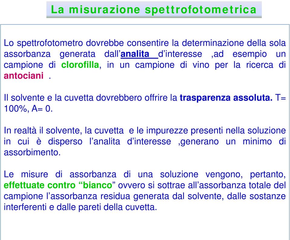 In realtà il solvente, la cuvetta e le impurezze presenti nella soluzione in cui è disperso l analita d interesse,generano un minimo di assorbimento.