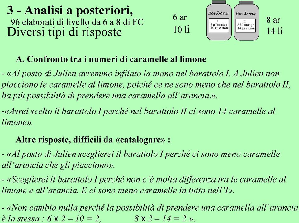 A Julien non piacciono le caramelle al limone, poiché ce ne sono meno che nel barattolo II, ha più possibilità di prendere una caramella all arancia.».