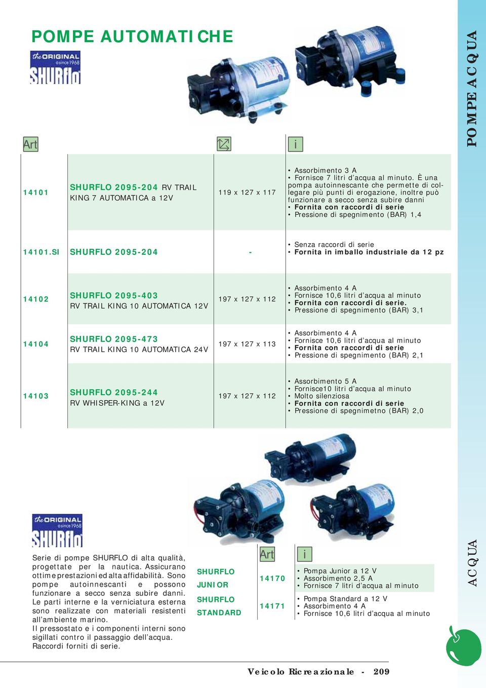 SI SHURFLO 2095-204 - Senza raccordi di serie Fornita in imballo industriale da 12 pz 14102 SHURFLO 2095-403 RV TRAIL KING 10 AUTOMATICA 12V 197 x 127 x 112 Assorbimento 4 A Fornisce 10,6 litri d