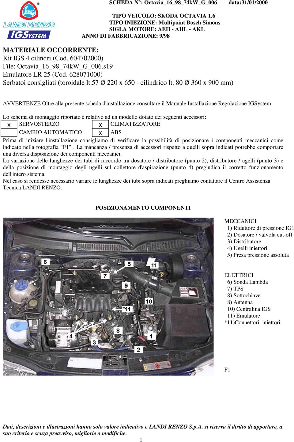 seguenti accessori: x SERVOSTERZO x CLIMATIZZATORE CAMBIO AUTOMATICO x ABS Prima di iniziare l'installazione consigliamo di verificare la possibilità di posizionare i componenti meccanici come