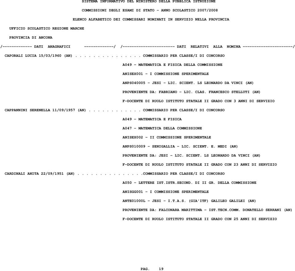 ........... COMMISSARIO PER CLASSE/I DI CONCORSO A049 - MATEMATICA E FISICA A047 - MATEMATICA DELLA COMMISSIONE ANISEX002 - II COMMISSIONE SPERIMENTALE ANPS010009 - SENIGALLIA - LIC. SCIENT. E. MEDI (AN) PROVENIENTE DA: JESI - LIC.