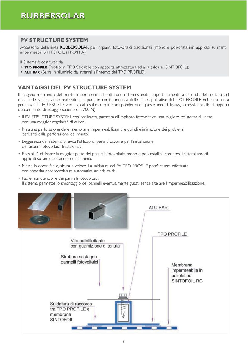 VANTAGGI DEL PV STRUCTURE SYSTEM Il fissaggio meccanico del manto impermeabile al sottofondo dimensionato opportunamente a seconda del risultato del calcolo del vento, viene realizzato per punti in