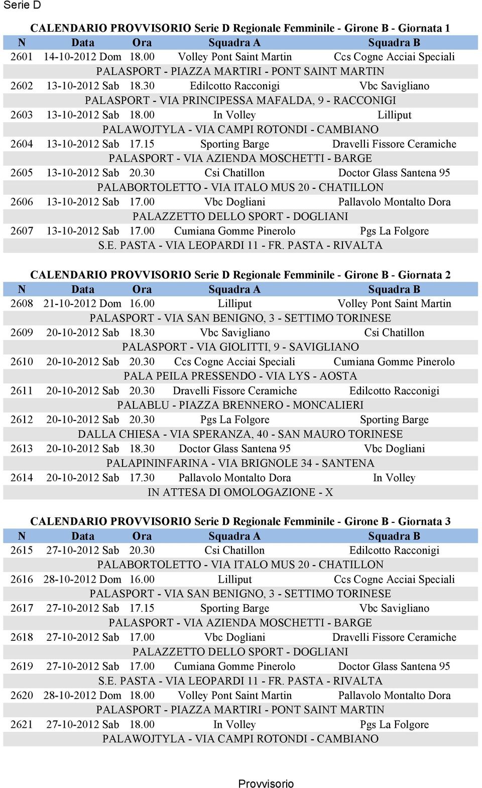 30 Csi Chatillon Doctor Glass Santena 95 2606 13-10-2012 Sab 17.00 Vbc Dogliani Pallavolo Montalto Dora 2607 13-10-2012 Sab 17.