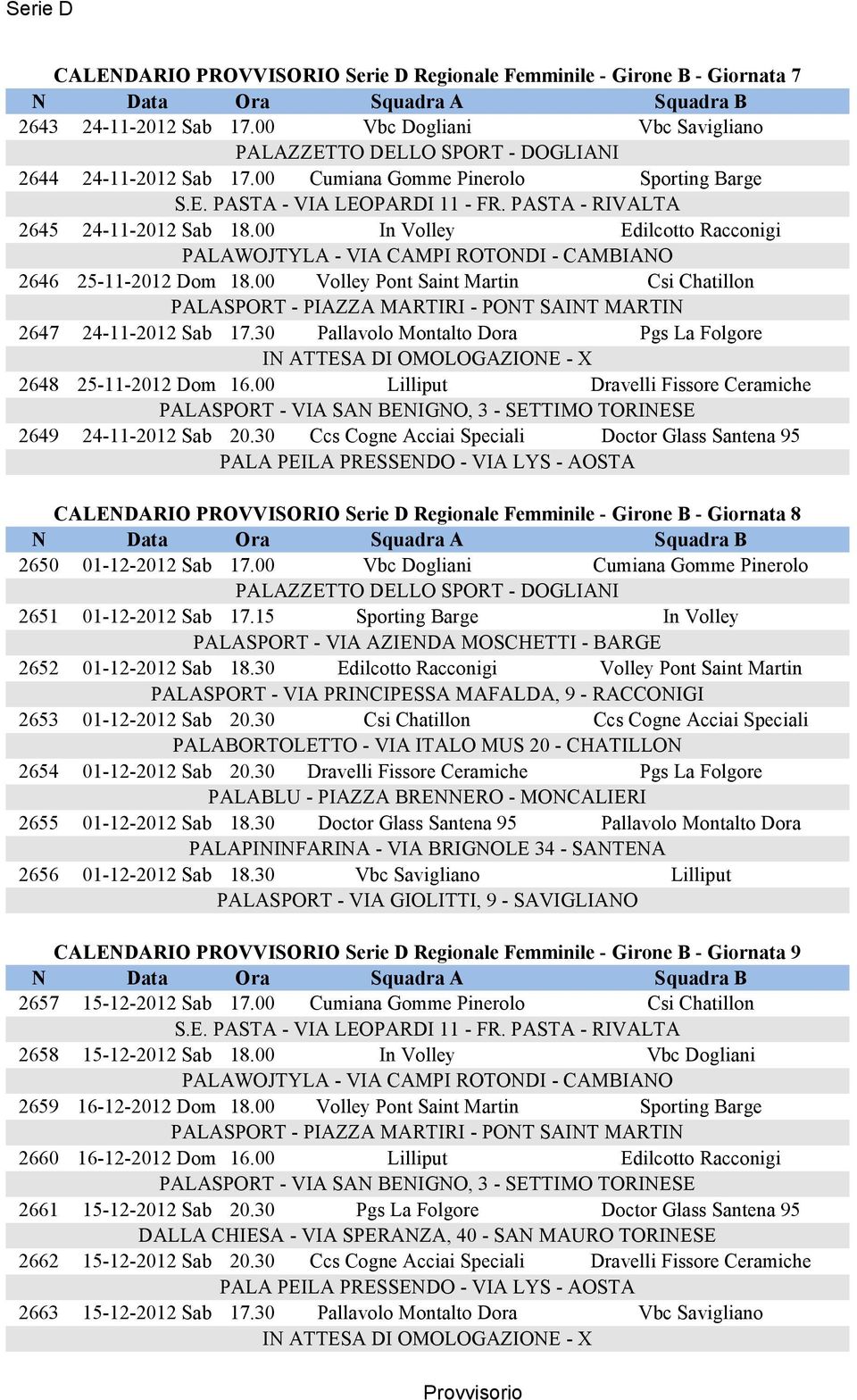 30 Pallavolo Montalto Dora Pgs La Folgore 2648 25-11-2012 Dom 16.00 Lilliput Dravelli Fissore Ceramiche 2649 24-11-2012 Sab 20.