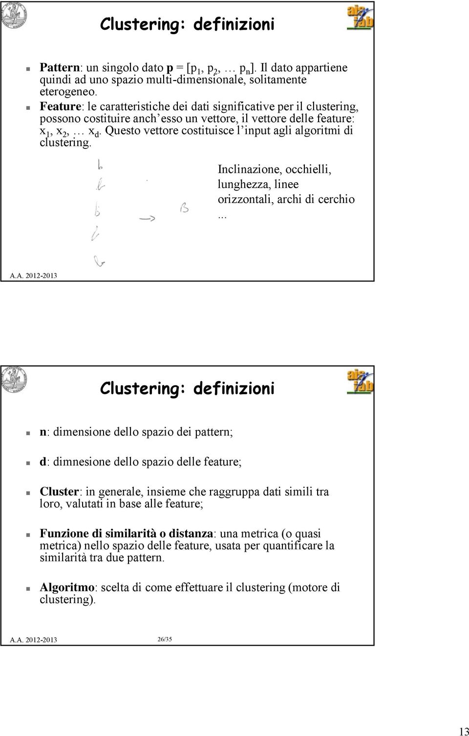 Questo vettore costituisce l input agli algoritmi di clustering. Inclinazione, occhielli, lunghezza, linee orizzontali, archi di cerchio.