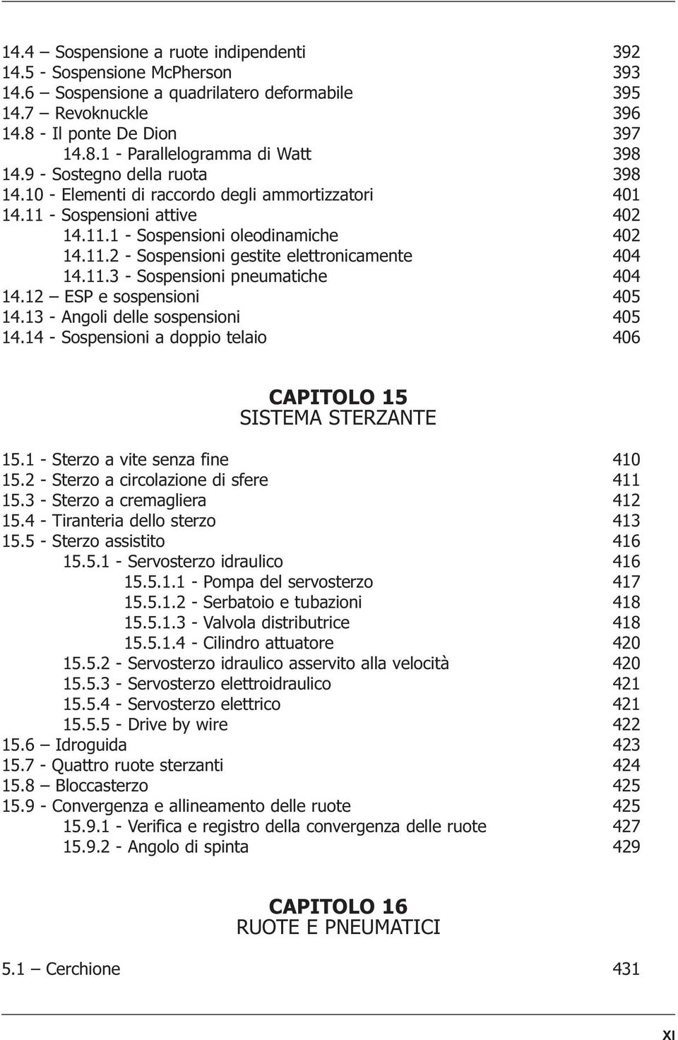 11.3 - Sospensioni pneumatiche 404 14.12 ESP e sospensioni 405 14.13 - Angoli delle sospensioni 405 14.14 - Sospensioni a doppio telaio 406 CAPITOLO 15 SISTEMA STERZANTE 15.